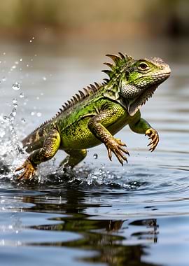 Green Iguana Running Through Water