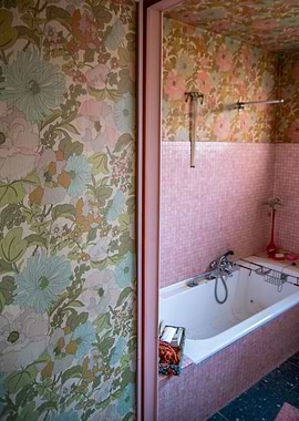 Retro Bathroom with Floral Wallpaper