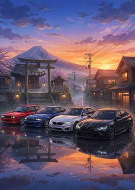 Japanese BMW Car Sunset Fuji