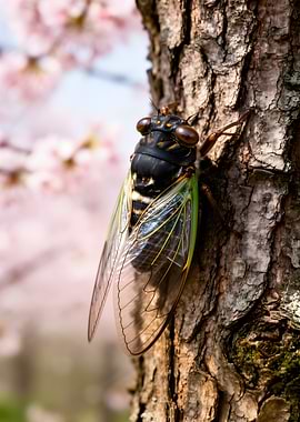 Cicada on a Tree Trunk with Cherry Blossoms