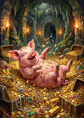 Pig Rolling in Treasure