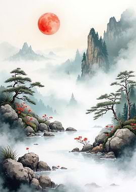Misty Mountains and Red Sun