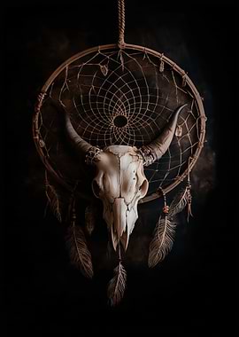 Dreamcatcher with Bull Skull and Feathers