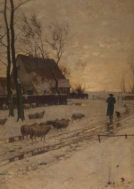 Winter Landscape with Sheep and Shepherd