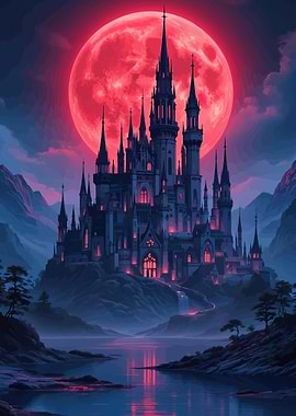 Gothic Castle Under Red Moon