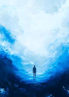 Man standing in a surreal blue landscape