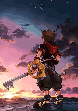 Sora with Keyblade at Sunset