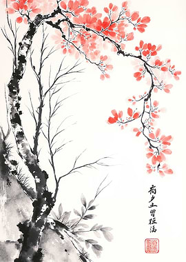 Traditional Japanese Ink Painting of Cherry Blossoms
