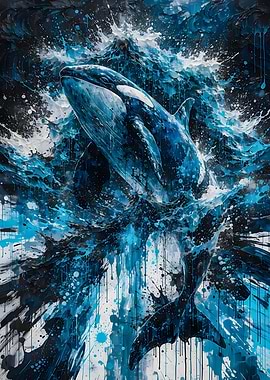 Vibrant Orca Killer Whale Abstract Water Splash Painting Poster