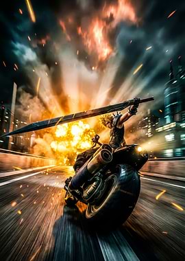 Cloud Strife on Motorcycle with Explosion
