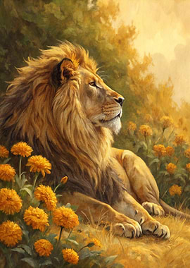 Majestic Lion in a Field of Flowers