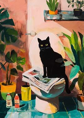 Black Cat on Toilet with Plants