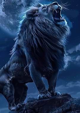 Majestic Lion Roaring Under the Moon