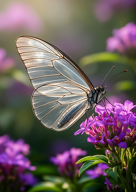 Translucent Butterfly on Purple Flowers