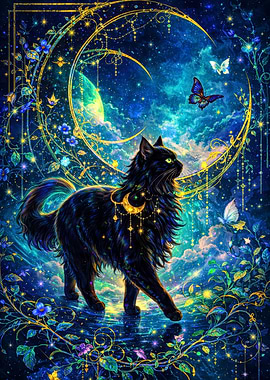 Enchanting Black Cat Under a Celestial Moon