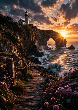 Lighthouse on a cliff at sunset