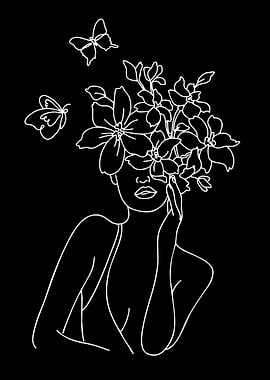 Woman with Flowers and Butterflies Line Art