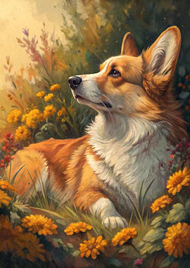 Corgi in a Field of Flowers