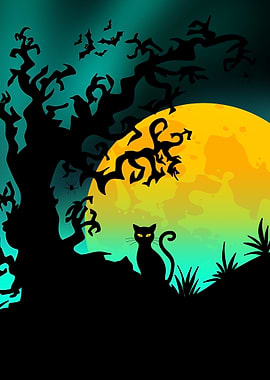 Halloween Night with Black Cat and Moon