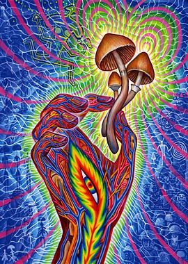 Psychedelic Hand Holding Mushrooms