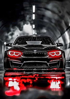 Black BMW with Red Headlights in Tunnel