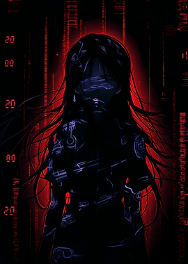 Cyberpunk Anime Girl in Red Digital Matrix