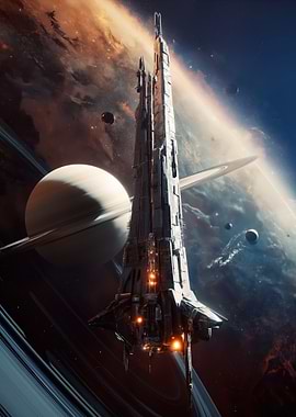 Massive Spaceship Near Ringed Planet