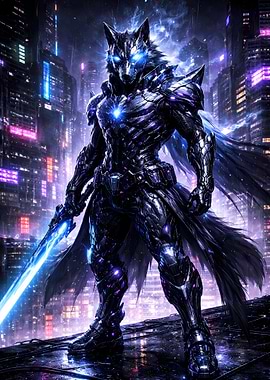 Cyberpunk Wolf Warrior with Neon Sword