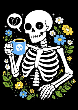 Skeleton Drinking Coffee with Flowers