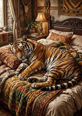 Tiger sleeping on a bed
