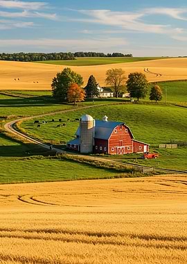Idyllic Farm Landscape at Sunset
