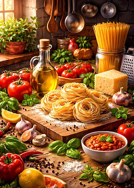 Italian Kitchen Scene with Pasta Ingredients