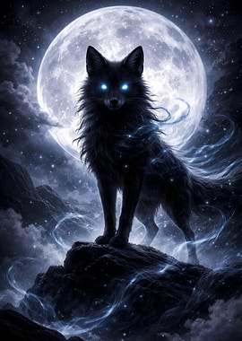 Mystical Black Wolf Under the Moon