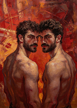 Two men painted in red background