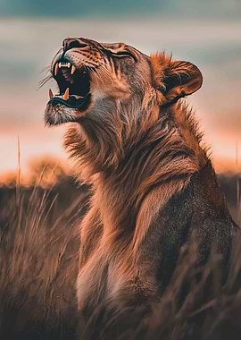 Lion Roaring in Tall Grass