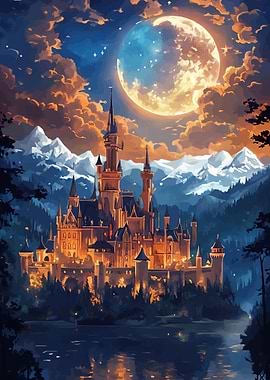 Enchanted Castle Under a Full Moon