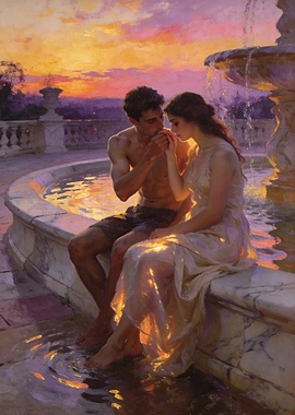 Romantic couple by a fountain at sunset