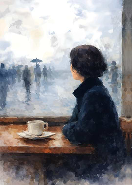 Woman looking out window at rainy street