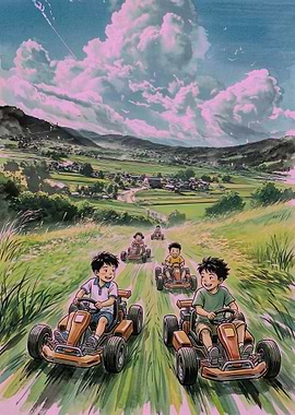 Children racing go-karts through a scenic landscape