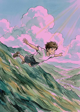 Boy flying over mountains