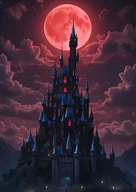 Gothic Castle Under Blood Moon