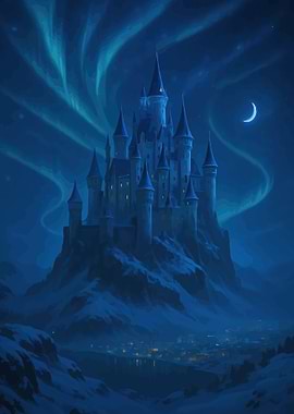 Enchanted Castle Under Aurora Borealis