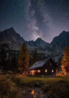 Cozy cabin under starry night sky
