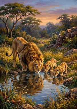 Lion Family Drinks Water at Sunset