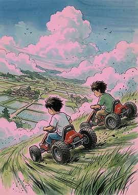 Boys racing go-karts down a hill