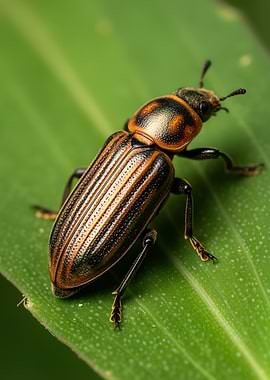 Striped Beetle on Green Leaf