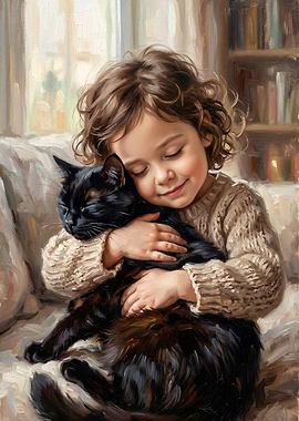 Child Hugging Black Cat