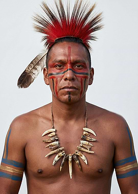 Indigenous Man with Face Paint and Headdress