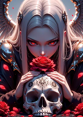 Gothic Angel with Rose and Skull