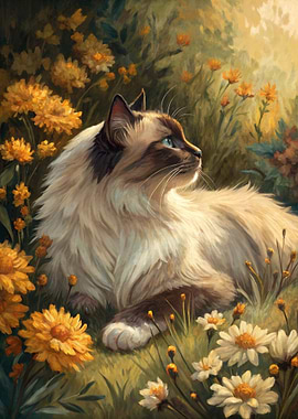 Fluffy Cat in a Field of Flowers